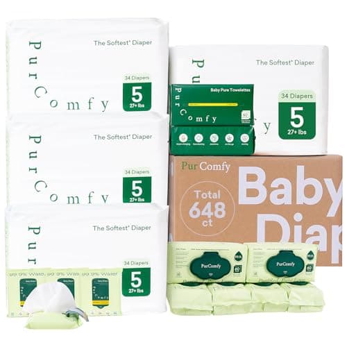 PurComfy Baby Diapers Essential Kit, 4 Pack Size 5 Diapers (136 Ct), 6 Baby Wipes (360Ct), 4 Travel Pack Wipes (32Ct) and 2 Dry Wipes (120Ct), All in One Newborn Essentials Kit, Total 648 Ct - Image 1