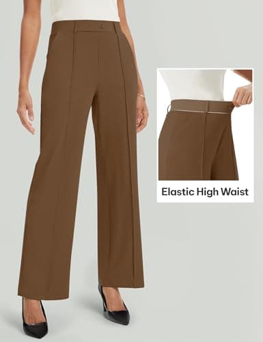 AVAMO Wide Leg Dress Pants for Women Pull On Stretchy Work Pants with Pockets High Elastic Waist Office Business Coffee - Thumbnail 3