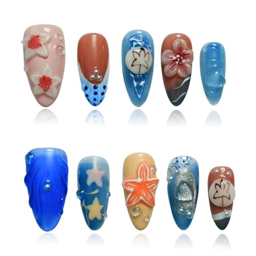 Tesytto Summer Beach Press on Nails Medium Almond - Blue Ocean French Tip False Nails with 3D Flower Colorful Sea Starfish Designs Full Cover Handmade Stick on Nails (Blue Floral Carving,M) - Image 1