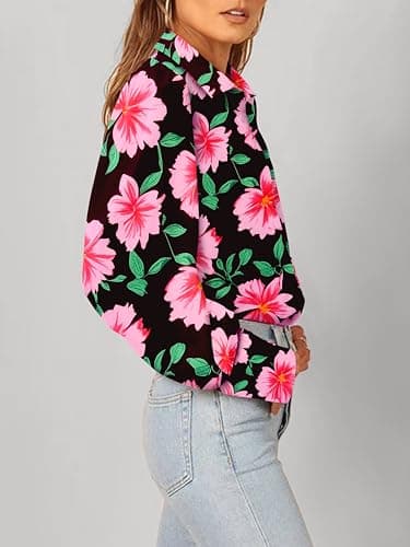 BTFBM Women Fashion Button Down Shirts 2026 V Neck Boho Printed Long Sleeve Blouses Dressy Casual Spring Fall Tops(Big Floral Black Pink, Medium) - Thumbnail 5