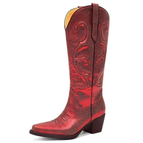 GPXGPX Cowgirl Boots Embroidered Red Cowboy Boots for Women, Pointed Toe Chunky Block Heel Pull On Western Boots 11 - Image 1