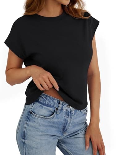 Black Tops for Women Crop Tops Cap Sleeve T Shirt Cotton Crewneck T Shirts for Women Loose Fit 2026 - Thumbnail 3