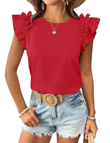 Womens Summer Tops Trendy Ruffle Short Sleeve T Shirts Casual Crew Neck Loose Fit Dressy Blouses Cute T-Shirts Flutter Tee Tops 2026 Red S - Image 1