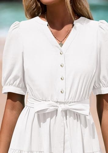PRETTYGARDEN Summer Dresses for Women 2026 Elegant Classy Short Sleeve V Neck Ruffle A Line Belted Long Beach Vacation Dress (White,Medium) - Thumbnail 5