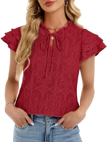 Funlingo Lace Tops for Women Boho Cap Sleeve Hollow Eyelet Shirts Ruffle Collar Crochet Embroidered Blouses Dressy Casual Summer Outfits Red S - Image 1