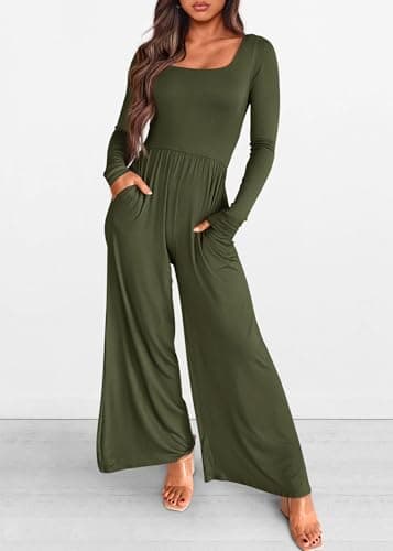 KIRUNDO Long Sleeve Jumpsuit for Women 2026 Spring Outfits Summer One Piece Square Neck Wide Leg Pants Romper With Pockets(Army Green, X-Small) - Thumbnail 3
