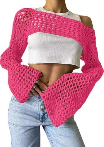 hathne Women Hollow Out Sweater Crop Flounce Off See Through Crochet Top Trumpet Long Sleeve Knit Top(Rose Red,S) - Image 1