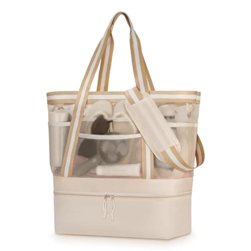 WOOMADA Beach Tote Bag With Cooler, Large Mesh Beach Bags for Women with Wet Pocket, Pool, Swim, Travel Essentials（Beige） - Image 1