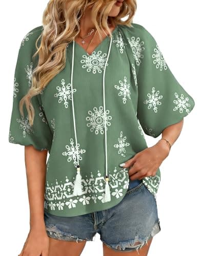 IEEILULU Summer Boho Tops for Women Casual V Neck Women Blouses Tunic Floral Print Beach Vacation Shirts Green Printed M - Image 1