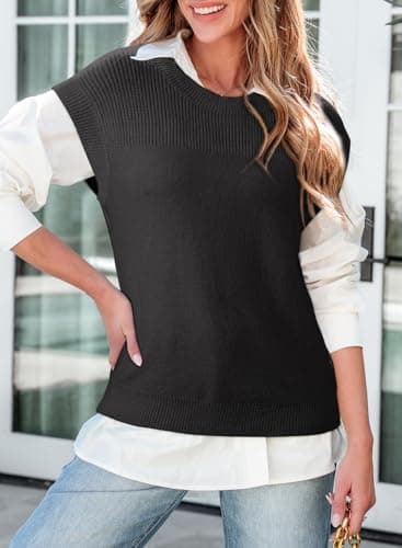 Dokotoo Early Spring Fashion Teacher Outfits for Women Casual Crewneck Sweater Vest Tops Lightweight Cap Sleeve Ribbed Knit Sweaters for Women Solid Loose Tank Tops Shirts Womens Clothes Black Small - Thumbnail 3