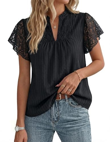 GRACE KARIN Womens Lace Short Sleeve Tops Summer Dressy Casual Cotton Blouses Flowy V Neck Dress Shirts Trendy Clothing 2026, Black, Medium - Image 1