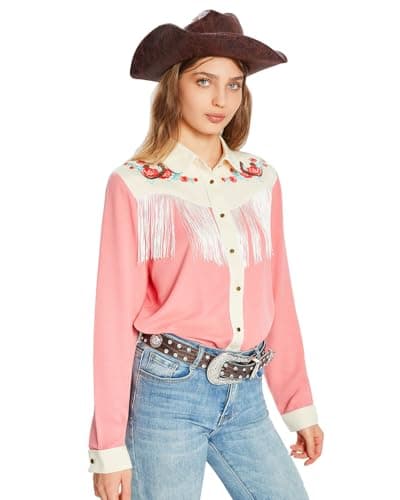JOHN MOON Women's Fringe Western Shirts Floral Embroidered Button Down Shacket Rodeo Cowgirl Country Top Long Sleeve Pink - Thumbnail 3