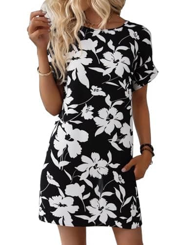 Wenrine Womens Summer Dress 2025 Floral T Shirt Dress Casual Cap Sleeve Crewneck Loose Boho Shift Mini Dresses - Image 1