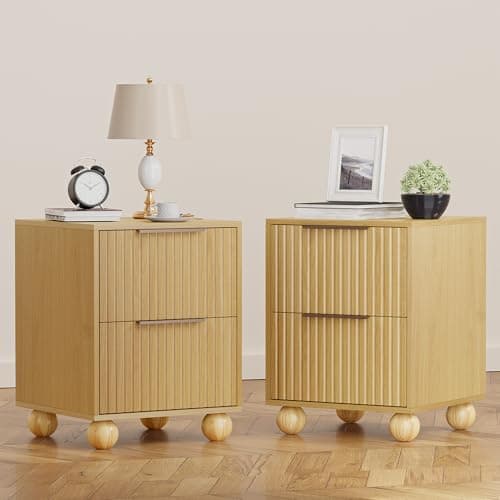 HOCAT Fluted Nightstands Set of 2 – Modern Boho Oak Wood nightstand with Storage Drawer, Mid Century Bedside Table with Solid Wood Legs for Bedroom and Small Spaces