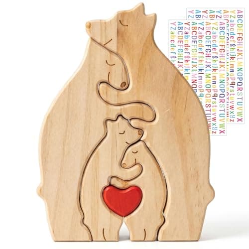Lotanop Personalized Wooden Bear Family Puzzle for 4-Person Family with DIY Name Stickers – Unique Gift for Mother's Day, Father's Day,Housewarming, Birthday Home Decor, 2 Sheets of Letters (A-Z)