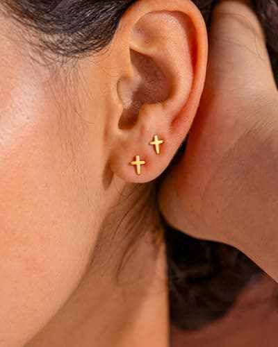 MUMREUES Gold Earrings for Women 14K Gold Plated Cross Stud Earring Dainty Minimalist Simple Small Earrings Jewelry Gift for Her - Thumbnail 3
