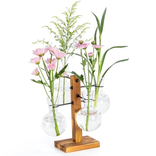 Plant Propagation Station with Wood Stand, Propagation Vases for Plants, Terrarium Kit for Home Office Garden Decor, Gifts for Plant Lovers - 4 Bulb Glass Vases - Image 1