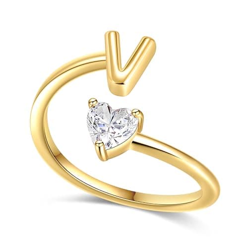 Fezodo Initial Rings for Women Non Tarnish - 18K Gold Plated Initial V Ring Adjustable Heart Cubic Zirconia Rings for Women Gold Jewelry Gifts - Image 1