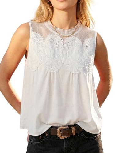 Funlingo Lace-Detailed Blouses for Women Dressy Casual Crew Neck Lace Poplin Mesh Swing Top Tunic Babydoll Shirt Elegant Tank Tops White S - Image 1