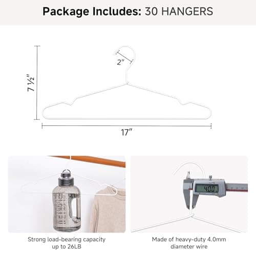 StorageWorks 4mm Super Thick Metal Wire Hangers, Heavy Duty Stainless Steel Clothes Hangers for Coats, Shirts Jackets, Pants, Suits, Space Saving White Hangers for Closet, 30 Pack - Thumbnail 2