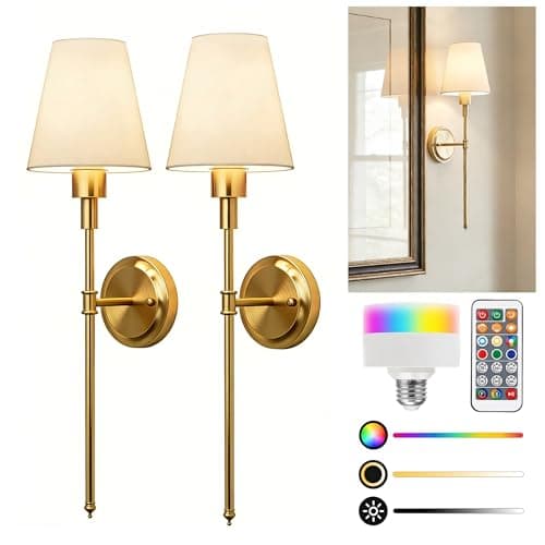L LOHAS LED Battery Operated Wall Sconces Set of 2, Rechargeable Wall Lights Remote and Dimmable, Sconce Wall Decor Set of 2, Easy Installation, Wireless Wall Lights for Living Room Bedroom, Gold - Image 1