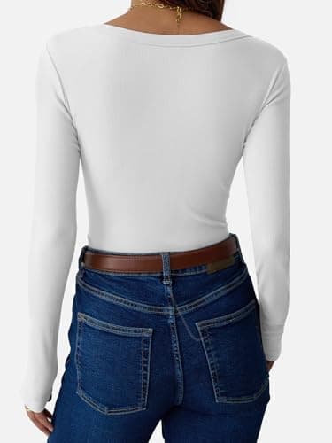 GKBK Women Long Sleeve V Neck Ribbed Knit Slim Fitted Shirts Basic Tee Cute Tshirts Going Out Tops 2025 Fall Winter Casual T Shirts Blouse Outfits Work Fashion Trendy Clothe White XS - Thumbnail 4