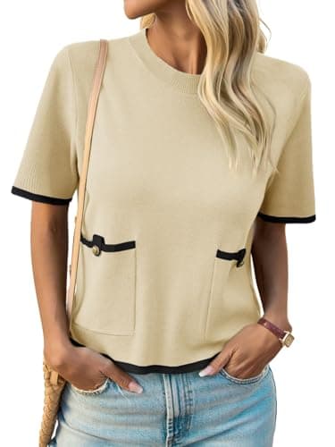 Saodimallsu Womens Short Sleeve Sweater Color Block Crew Neck Summer Crop Tops Loose Casual Knit Shirts with Pockets Beige - Image 1