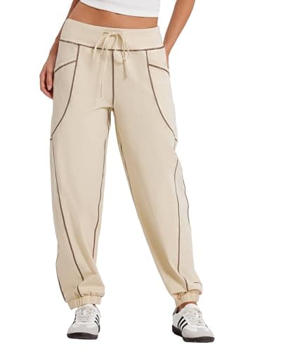 MOOSLOVER Women Baggy Casual Pants Cotton Lightweight Sweatpants Drawstring Mid Waist Athletic Lounge Joggers(L,Khaki) - Image 1