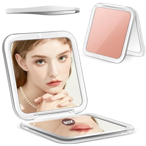 MIYADIVA Compact Mirror, 30X Magnifying Mirror, Pocket Mirror for Purse, Travel Makeup Mirror with 30X/1X Magnification, Travel Essentials Mirrors, Precision Tweezers, Present for Girls - Image 1