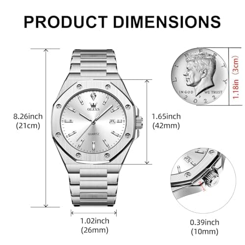 OLEVS Watch Men Luxury Silver Stainless Steel Dress Wrist Analog Quartz Waterproof Watches for Men Fashion Luminous Nice Large Face Minimalist Mens Watches Relojes para Hombres - Thumbnail 2