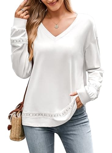 Dokotoo Womens Hollow Out Spring Tops 2026 Trendy Clothes Lace Eyelet V Neck Long Sleeve Embroidery Boho Dressy Casual Loose Blouse White Shirts Small - Image 1