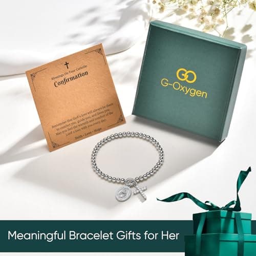 14K Gold Plated Bead Cross Bracelet, Virgin Mary Cross Bracelet for Women, Dainty Stretch Bead Bracelet, Religious Jewelry for Catholic Baptism Confirmation Easter Gifts(Catholic Confirmation-Silver) - Thumbnail 6