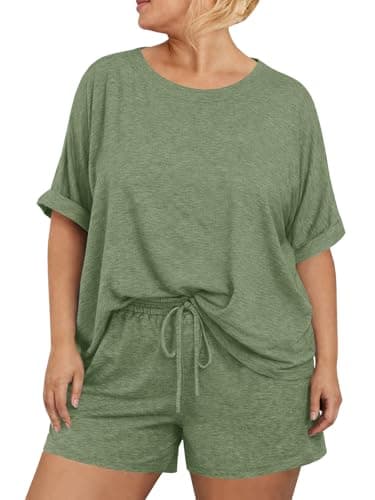 Beautife Womens Plus Size 2 Piece Outfits Short Sleeve Shirt Tops and Shorts Pajama Sets Summer Casual Loungewear Army Green - Image 1