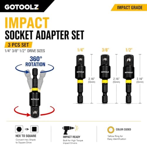 14PC Impact Socket Adapter Set, 1/4" 3/8" 1/2" Square Drive Converter, Quick Release Magnetic Drill Bit Extension Rod, 360° Swivel Universal Joint & 105° Right Angle Drill Attachment - Thumbnail 3