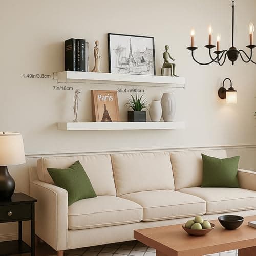 Mifurn Floating Shelves for Wall, Bathroom Shelves Over Toilet, Wall Shelves & Book Shelf for Room, Hanging Shelf, Modern Wooden Mounted Floating Shelves, 36x7x1.5 in (White, Set of 2) - Thumbnail 2