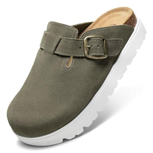 Women's Platform Suede Clogs Slip-On Mules Non-Slip Potato Shoes Sandals with Arch Support Adjustable Buckle Green - Image 1