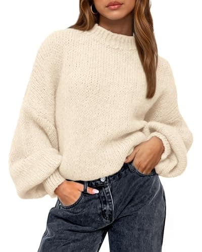 BTFBM Sweaters for Women Fall 2026 Crew Neck Lantern Long Sleeve Oversized Sweater Casual Knit Winter Pullover Tops(Beige, Large) - Image 1