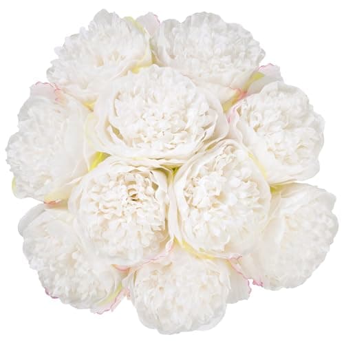 U'Artlines 20 Heads Artificial Peony Silk Flower Leaf Home Office Wedding Party Festival Bar Decor (Cream White) - Image 1