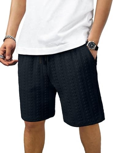 JMIERR Mens Cable Knit Sweat Shorts 7.5 inch - Casual Stretch Elastic Waist Drawstring Lounge Workout Gym Shorts with Pockets, Navy Blue, Medium - Image 1