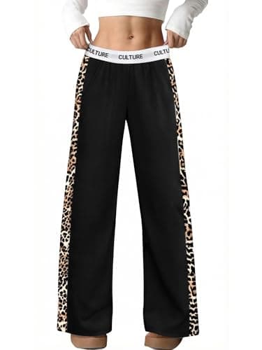 PEFYERVERY Girls Baggy Pants Leopard Cheetah Print Block Side Teen Wide Leg Open Bottom Sweatpants Y2K Streetwear Elastic Waistband with Pockets Black L - Image 1