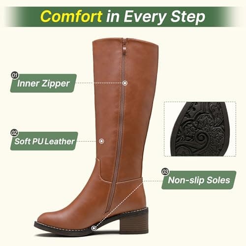 Jeossy Women's 9661 Knee High Tall Boot, Brown Riding Chunky Low Heel Round Toe Botas, Faux Leather Dress Boot with Inner Zipper and Side Hidden Elastic Band (DJY9661 Brown 07) - Thumbnail 3