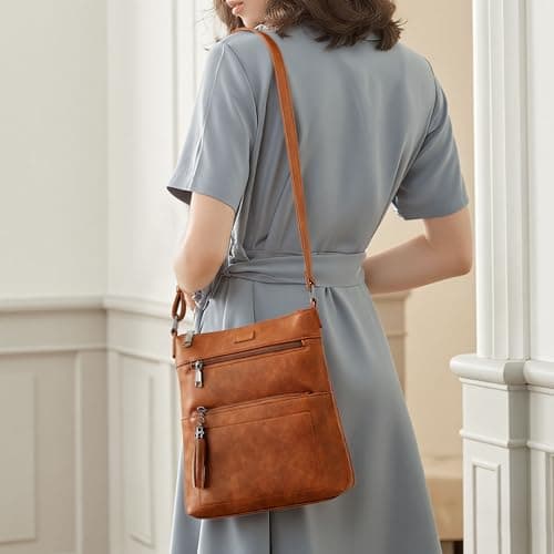 Kiss Sea Leather Crossbody Bags for Women Casual Travel Cross Body Purse with Adjustable Strap Brown - Thumbnail 3