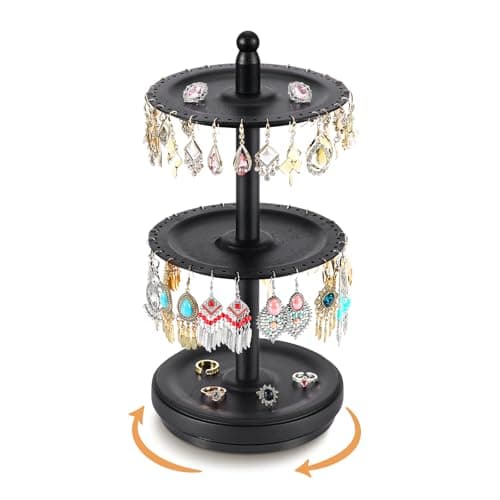 BNING Earring Holder Organizer, Rotating Solid Wood Earring Organizer Stand for Women Girls, 3-Tier Jewelry Holder Tree With 102 Holes for Display, Gifts for Her (Black) - Image 1