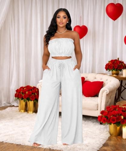 ABKY Two Piece Sets for Women Going Out Summer Off Shoulder Tube Top Palazzo Pants Set Vacation Birthday Party Date Night Outfits White XL - Thumbnail 2