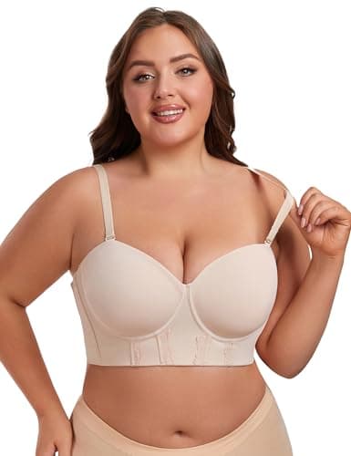 Lusait Women's Longline Strapless Bra Underwired Full Coverage Corset Bra Push Up Boned Hide Back Fat Beige 42DDD - Thumbnail 6