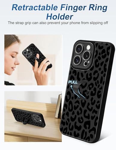Aitipy Cheetah Phone Case Compatible with iPhone 14 Pro, with Leopard Print Finger Hand Strap Kickstand Shockproof Full Camera Protection Soft TPU Protective Cover for Women Girls, Black - Thumbnail 3