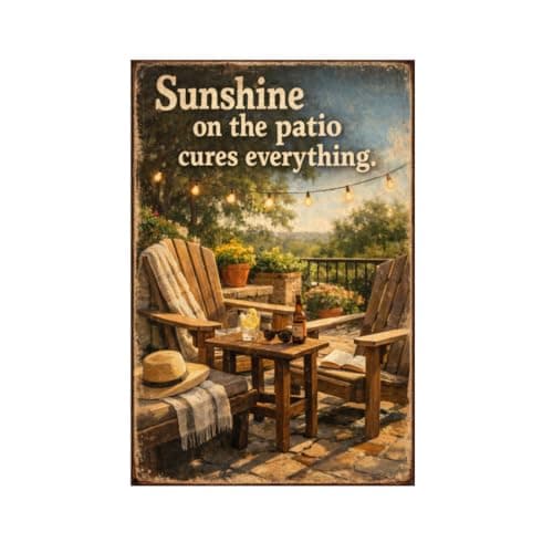 Sunshine on the patio cures everything vintage tin sign rustic outdoor wall decor metal artwork garden porch yard terrace farmhouse style inspirational quote plaque 8x12 inch - Image 1