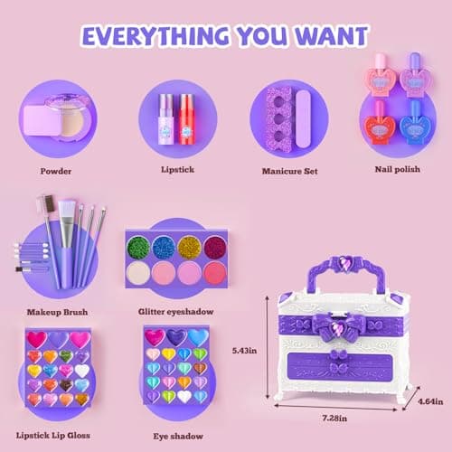 GORISPI Kids Makeup Sets for Girls, 66pcs Real Cosmetic for Kids Toys with Mirror, Princess Washable Girls Makeup Kit, Non-Toxic & Safe Brithday Gifts for 3 4 5 6 7 8 10 - 12 Years Old（Light Purple） - Thumbnail 3