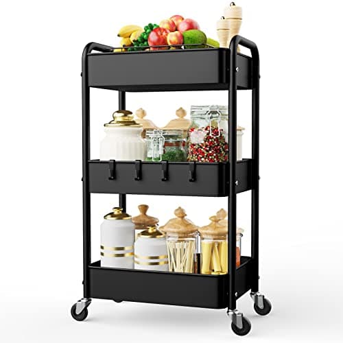 LEHOM 3 Tier Rolling Storage Cart, Metal Trolley Utility Cart with Wheels & Hooks, Easy Assembly Organizer Storage Cart for Bathroom Kitchen Office Bedroom - Image 1