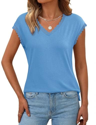JUSTFASHIONNOW Lace Blouse Soft Cap Sleeve Tops for Women Summer V Neck Tank Tops Dressy Casual Shirts Trendy 2026 Clothes(Blue,XX-Large) - Image 1